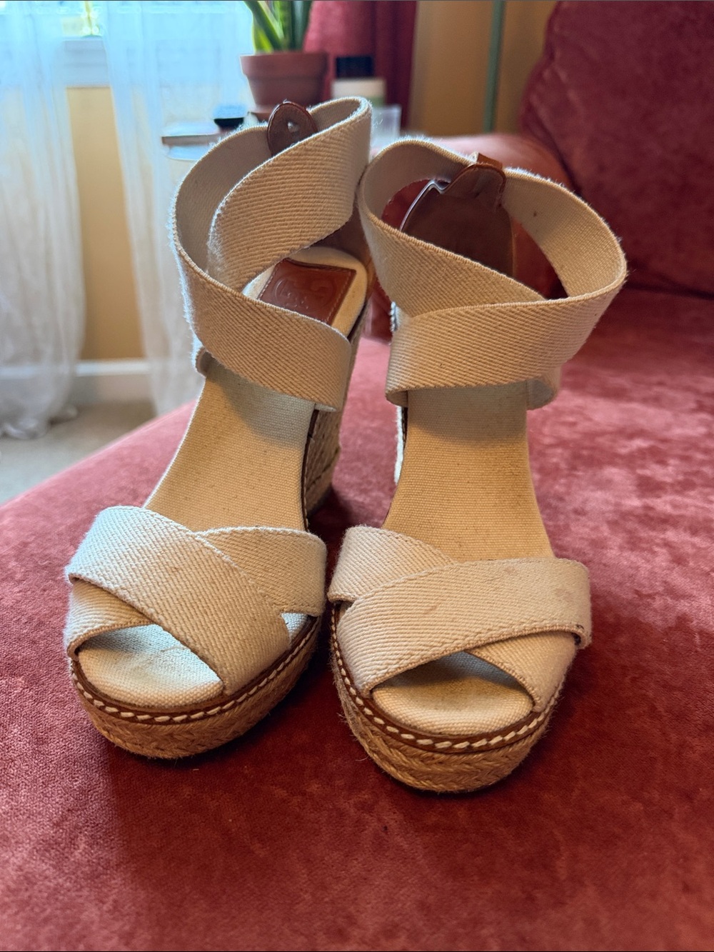 Tory Burch Canvas Espadrille Wedge Sandals in Beige